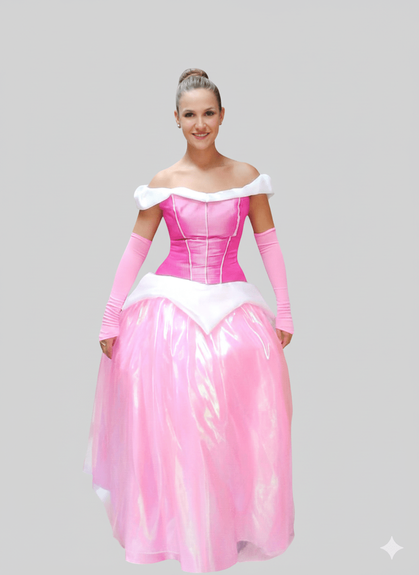Vestido rosa brillante de princesa Aurora con mangas largas y escote barco.