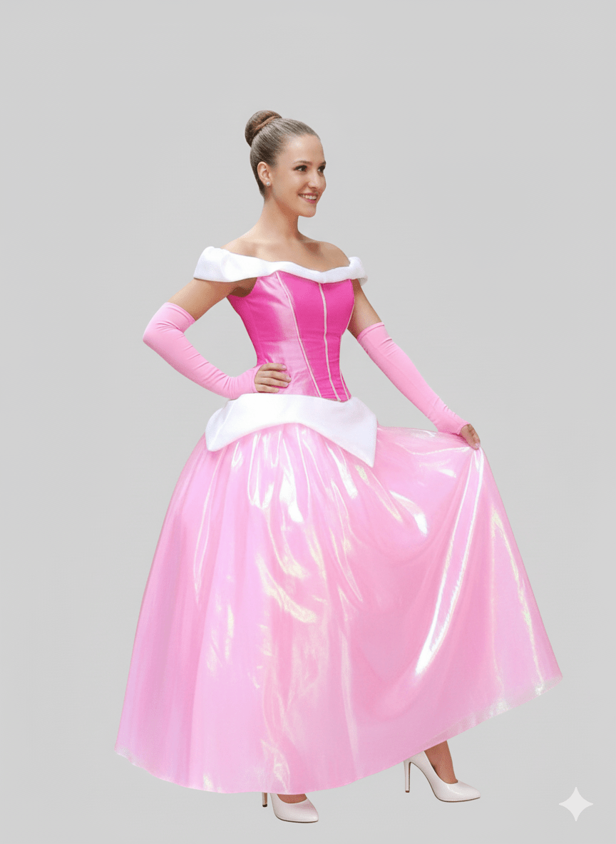 Vestido largo rosa brillante estilo princesa con guantes y escote barco blanco.