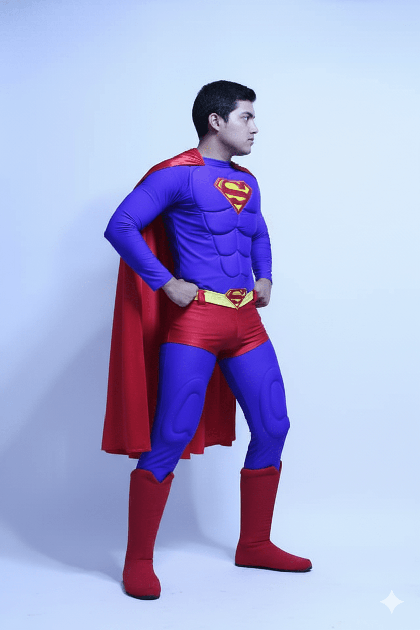 Disfraz de Superman azul con músculos acolchados y capa roja, bota alta roja y cinturón amarillo.