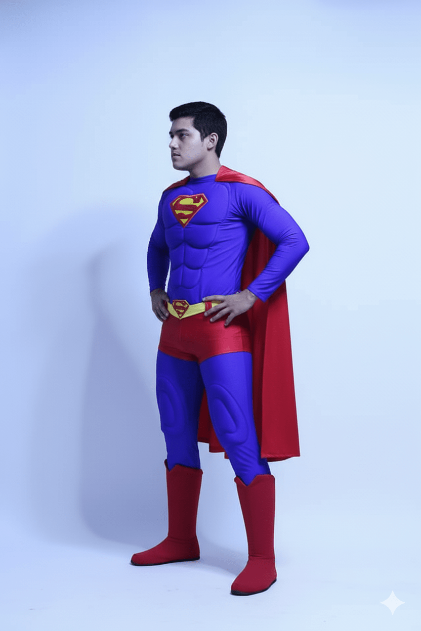 Disfraz clásico de Superman con músculos acolchados, capa roja y botas rojas.