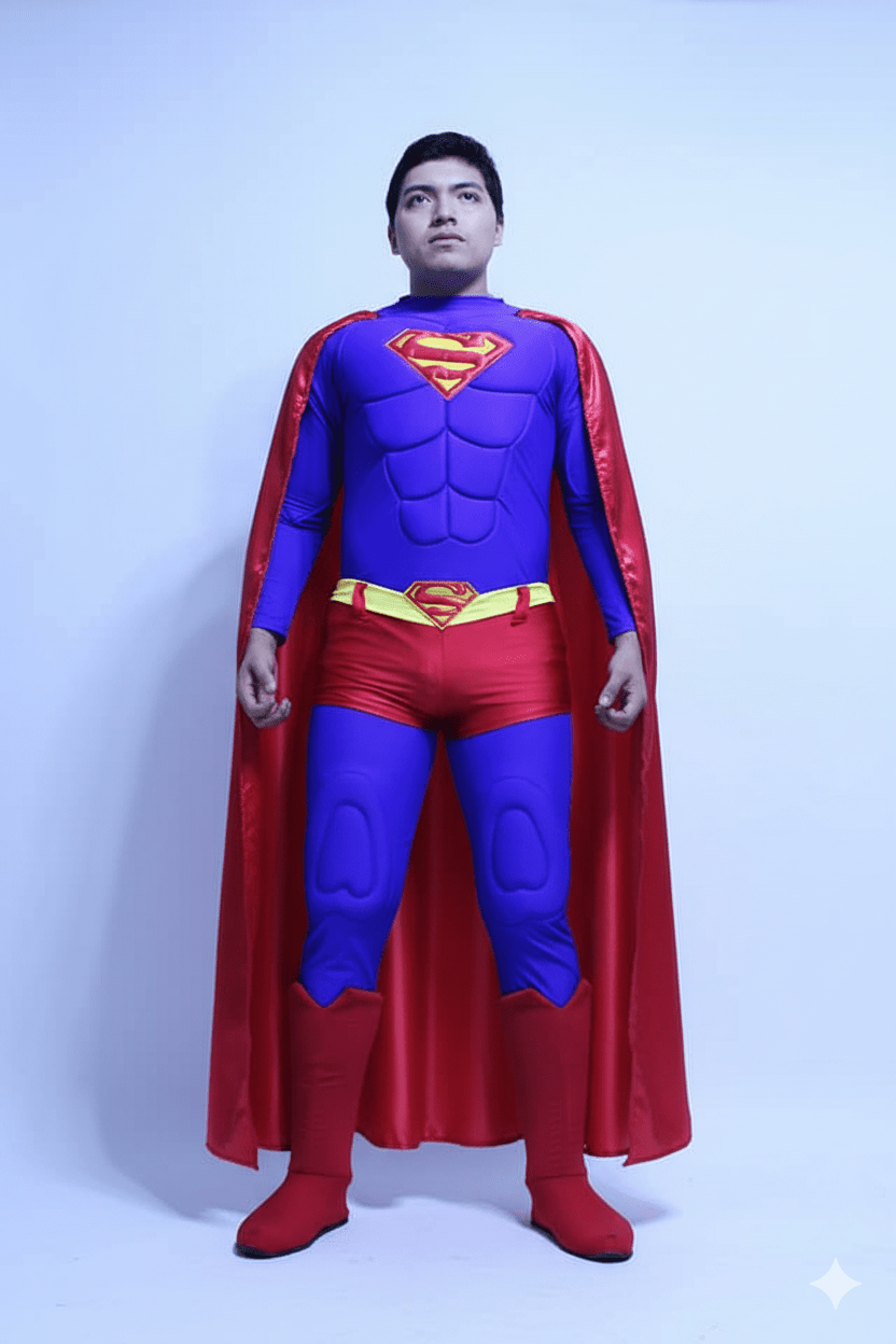 Disfraz clásico de Superman adulto con músculos acolchados, capa roja y traje azul y rojo.