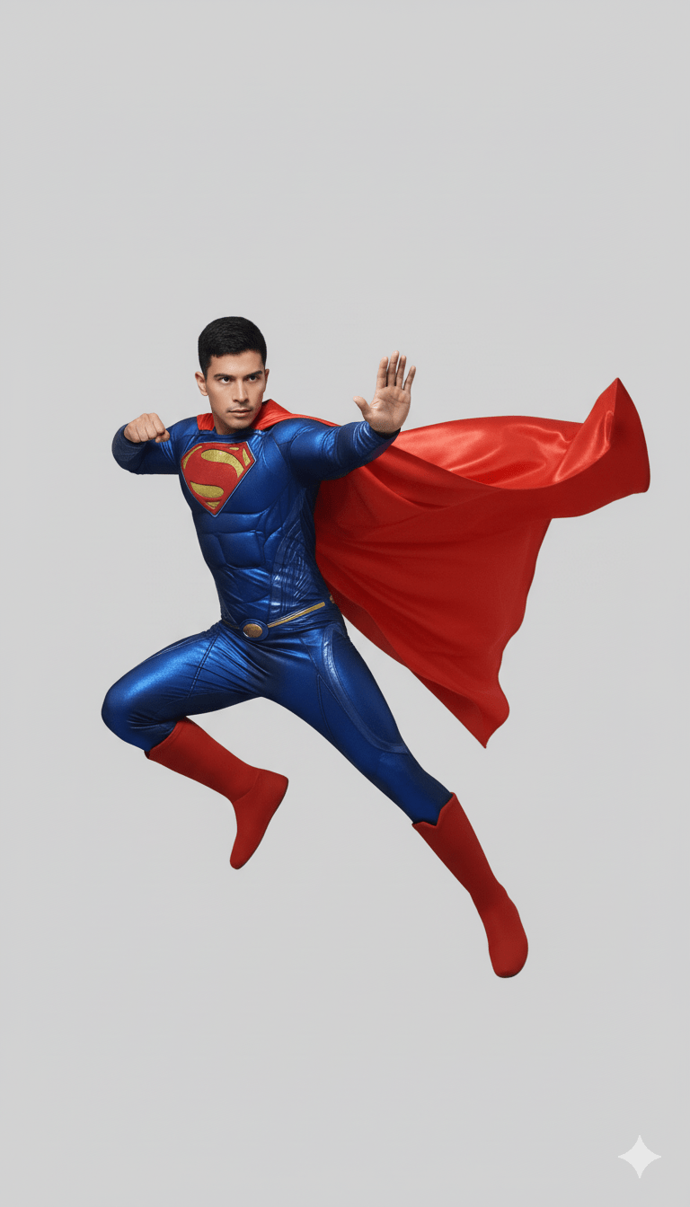 Disfraz de Superman azul metálico con capa roja y botas rojas, estilo lujo adulto.