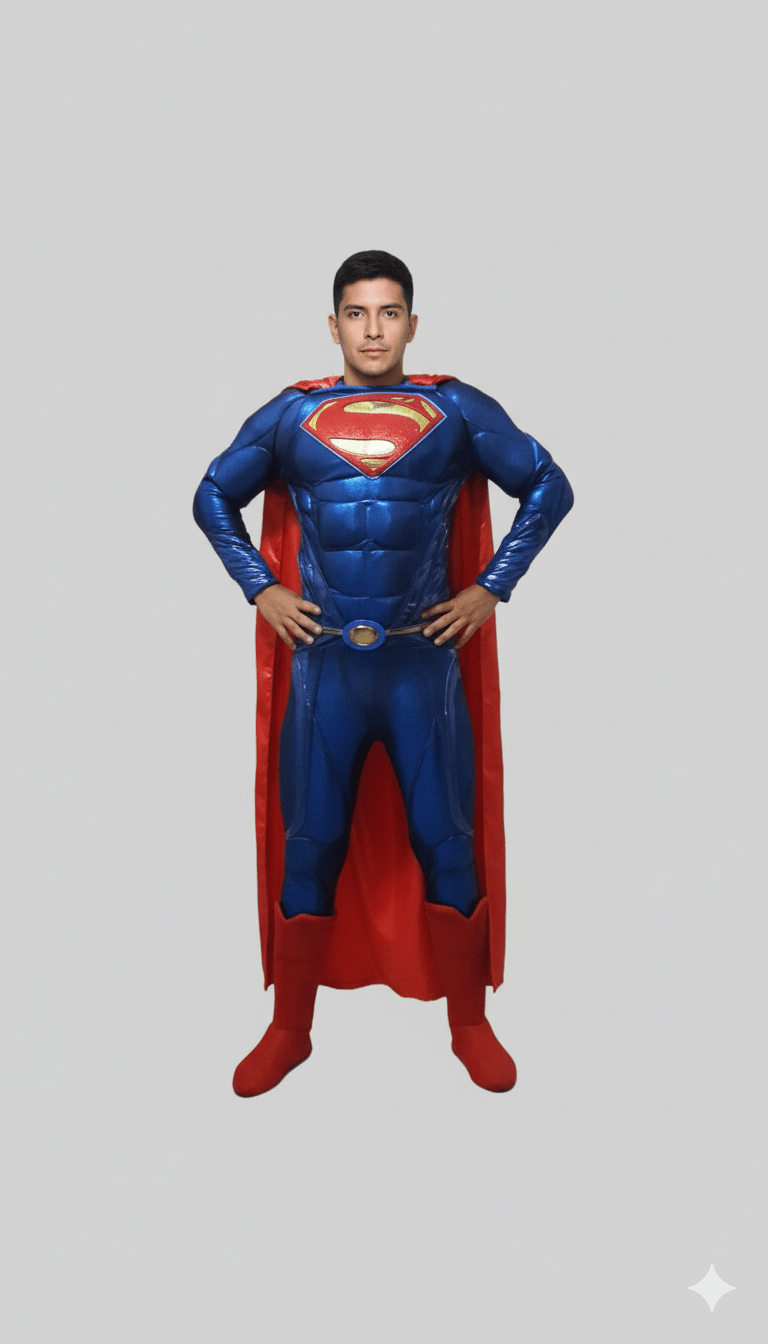 Disfraz de Superman azul con capa roja y logo en el pecho, estilo ajustado y botas rojas.