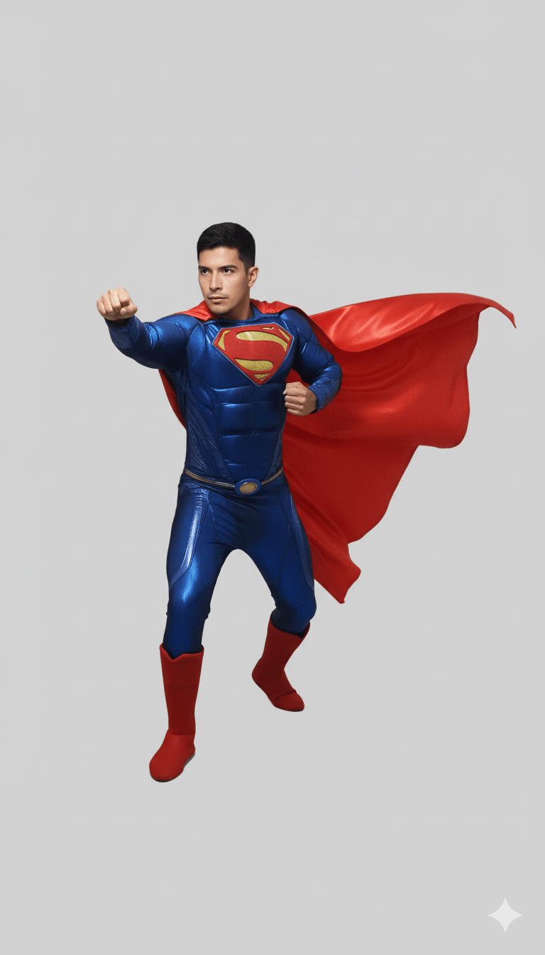 Disfraz de Superman azul brillante con capa roja y botas rojas, estilo clásico.