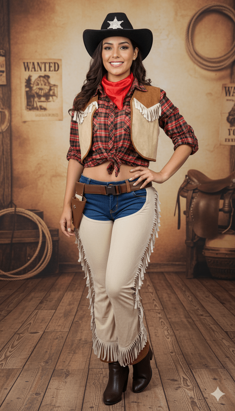 Disfraz vaquera mujer con chaleco beige, camisa cuadros, pañuelo rojo y sombrero sheriff negro.