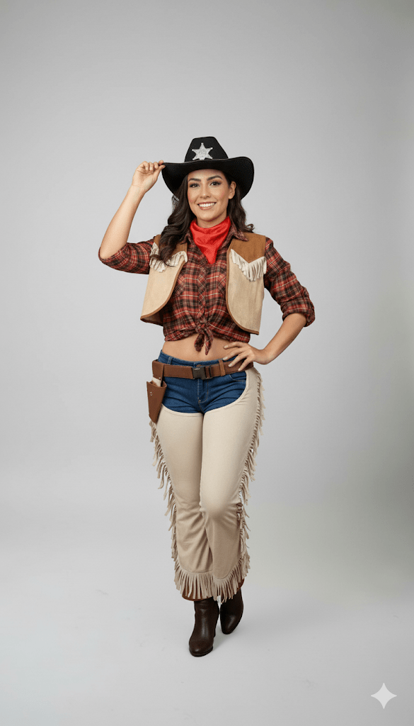 Disfraz de vaquera mujer con chaleco beige, camisa cuadros, pañuelo rojo y sombrero sheriff negro.