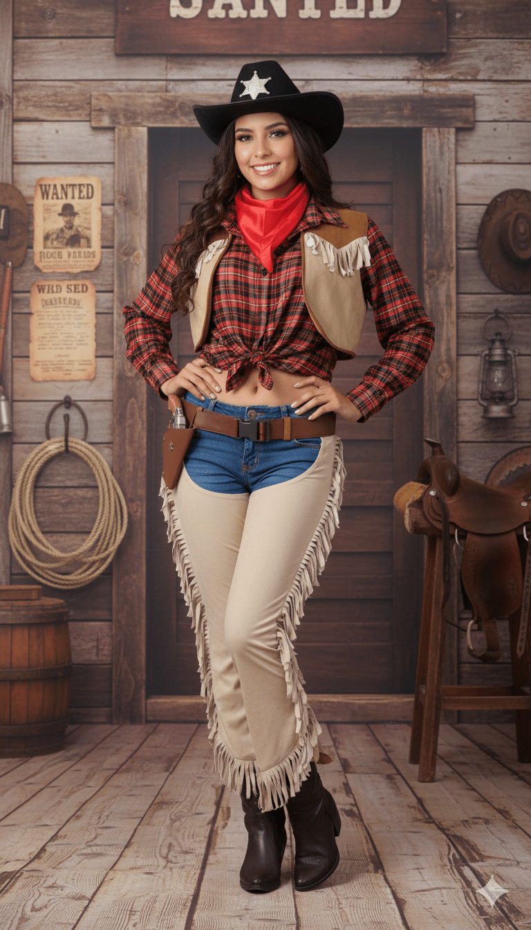 Disfraz vaquera con chaleco beige, camisa a cuadros roja, pañuelo rojo y sombrero sheriff negro con estrella blanca.