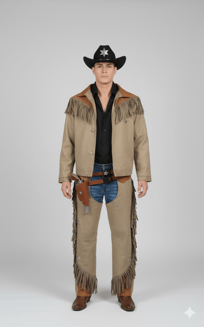 Disfraz vaquero adulto chaqueta y pantalón marrón con flecos y sombrero negro con estrella.