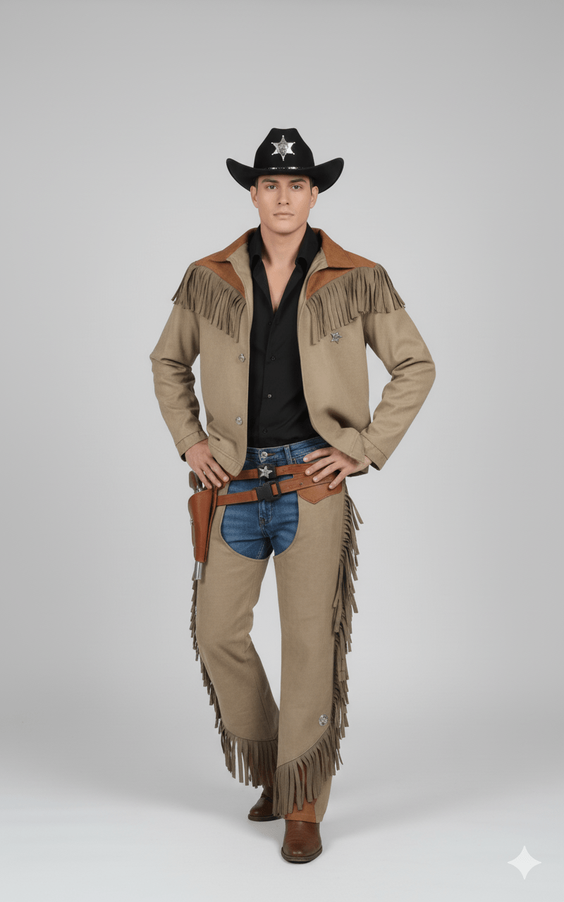 Disfraz vaquero adulto con camisa marrón, chaleco y pantalón con flecos, sombrero negro con estrella blanca.