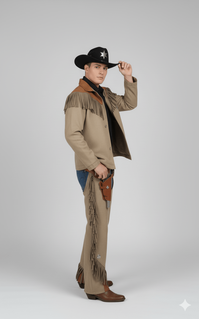 Disfraz de vaquero adulto con sombrero negro, chaqueta beige con flecos y pantalones beige con detalles vaqueros.