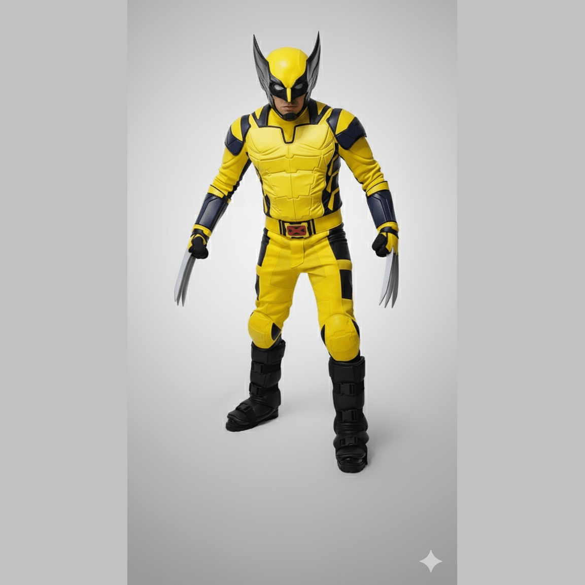 Disfraz adulto de Wolverine amarillo y negro con garras plateadas y botas negras.