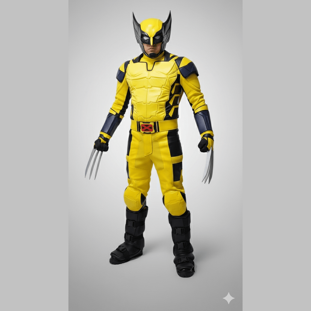 Disfraz adulto de Wolverine amarillo y negro con garras de metal y botas negras.
