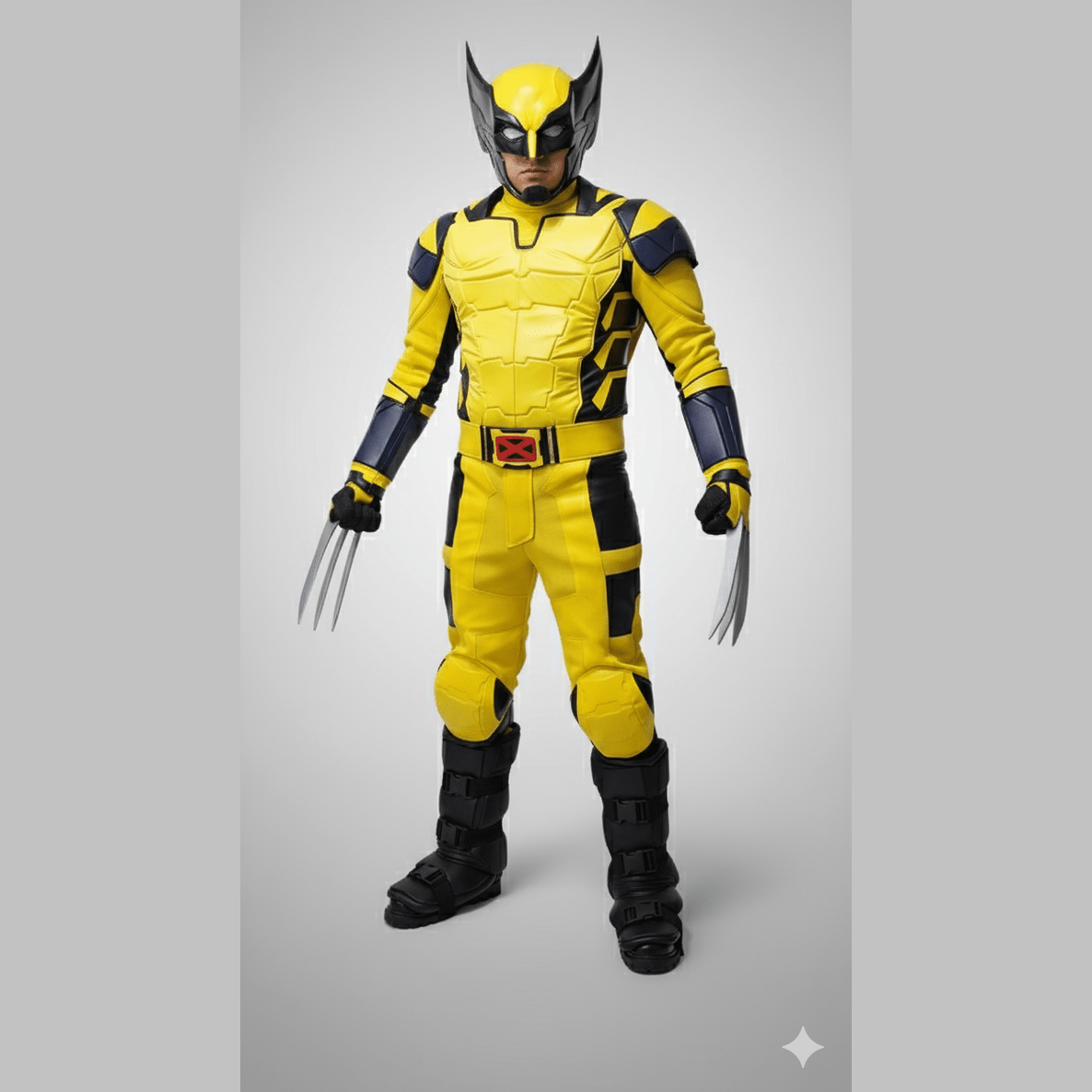 Disfraz adulto de Wolverine amarillo y negro con garras de metal y botas negras.