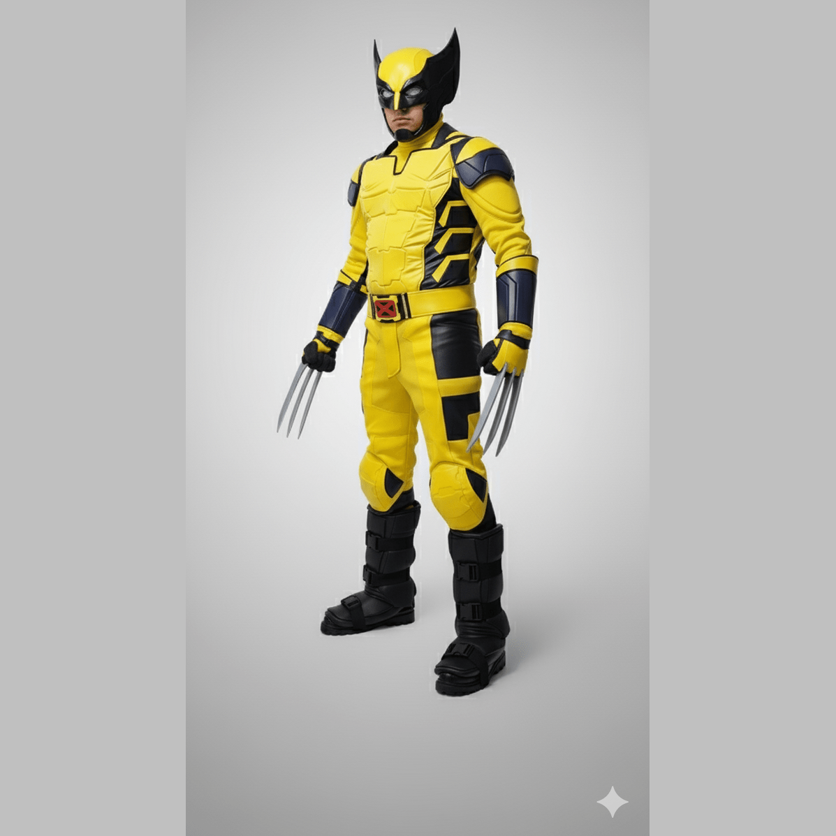 Disfraz amarillo de Wolverine con garras plateadas y botas negras, estilo cosplay adulto.