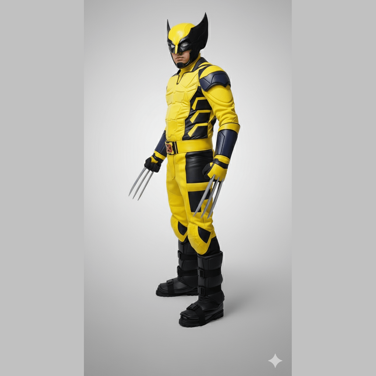 Disfraz adulto de Wolverine con traje amarillo y negro y garras plateadas de réplica realistic.
