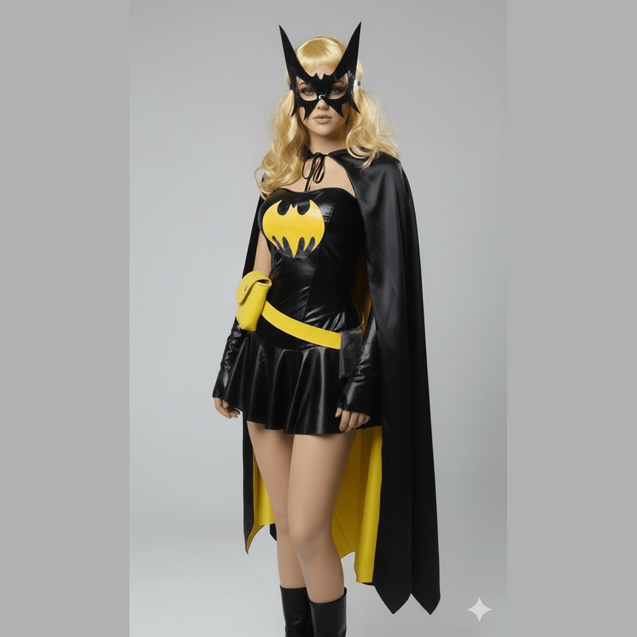 Disfraz de Batichica adulto con vestido negro, logo amarillo, capa larga y máscara puntiaguda negra.
