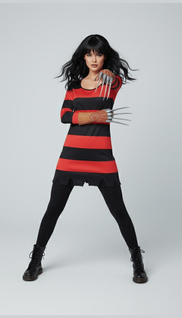 Disfraz unisex Freddy Krueger con suéter a rayas rojo y negro y guante con cuchillas metálicas.