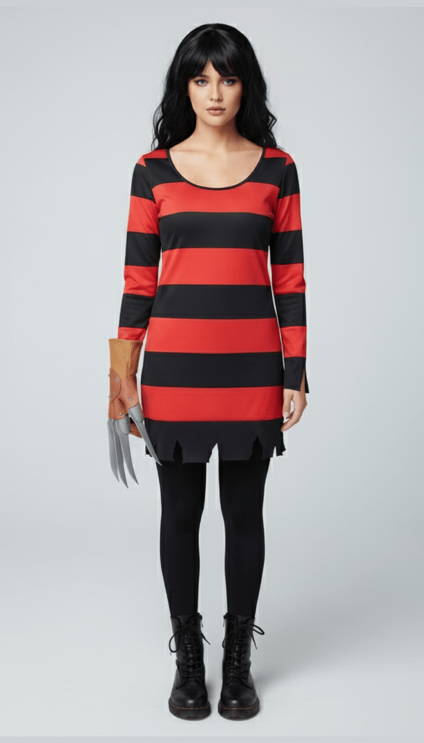 Vestido a rayas rojas y negras estilo Freddy Krueger con guante de cuchillas y botas negras.