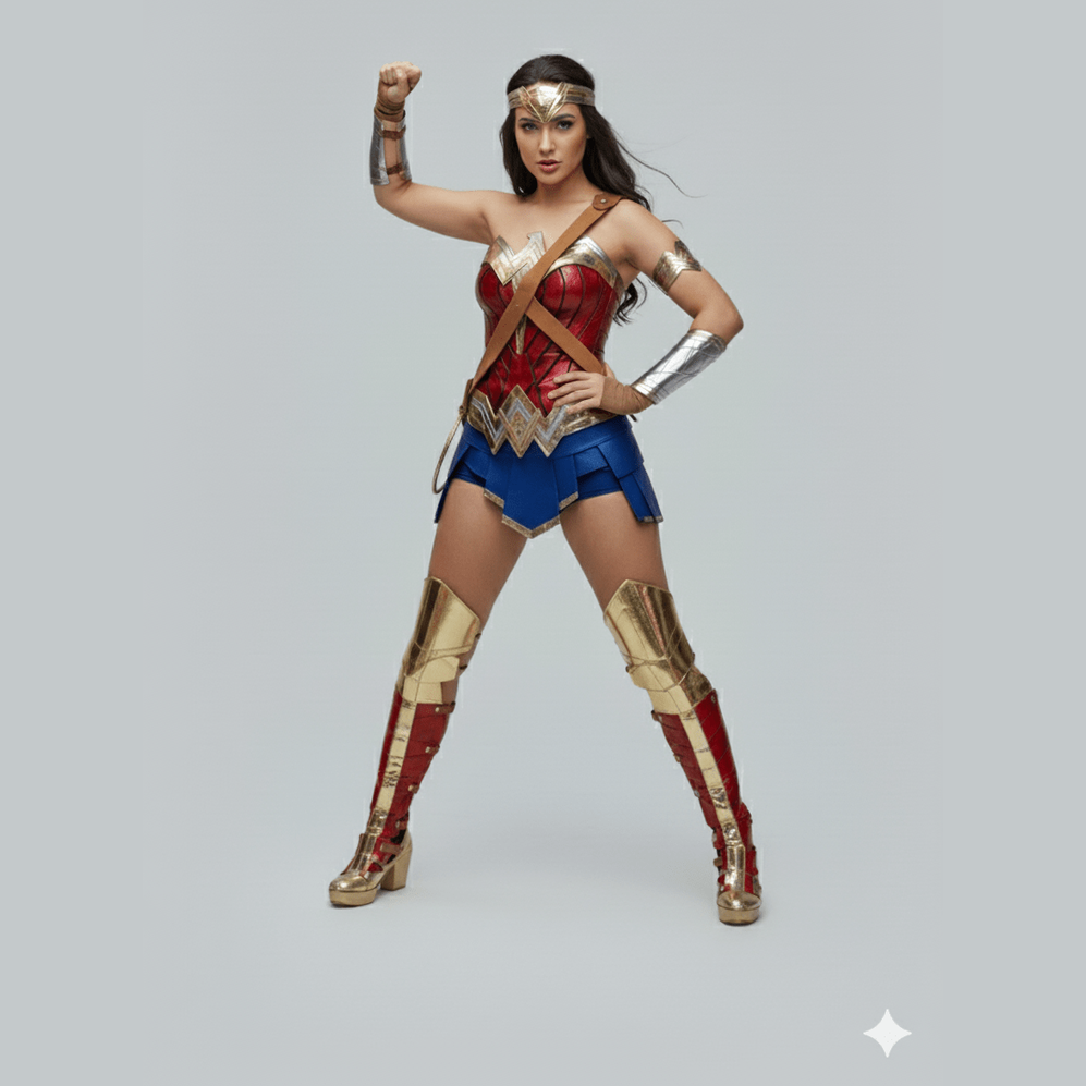 Disfraz Wonder Woman con corpiño rojo, falda azul, botas y accesorios dorados.