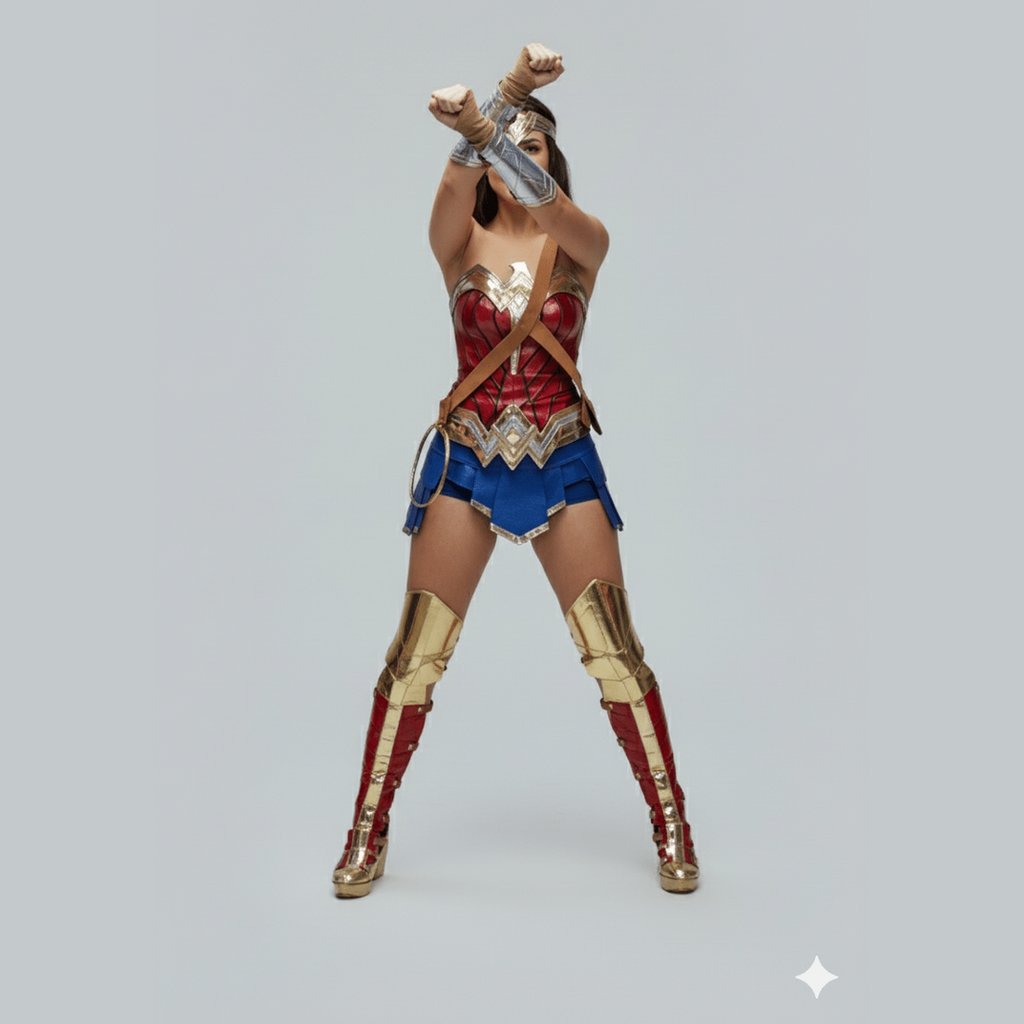 Disfraz Wonder Woman con corsé rojo, falda azul, brazaletes y botas doradas y rojas.