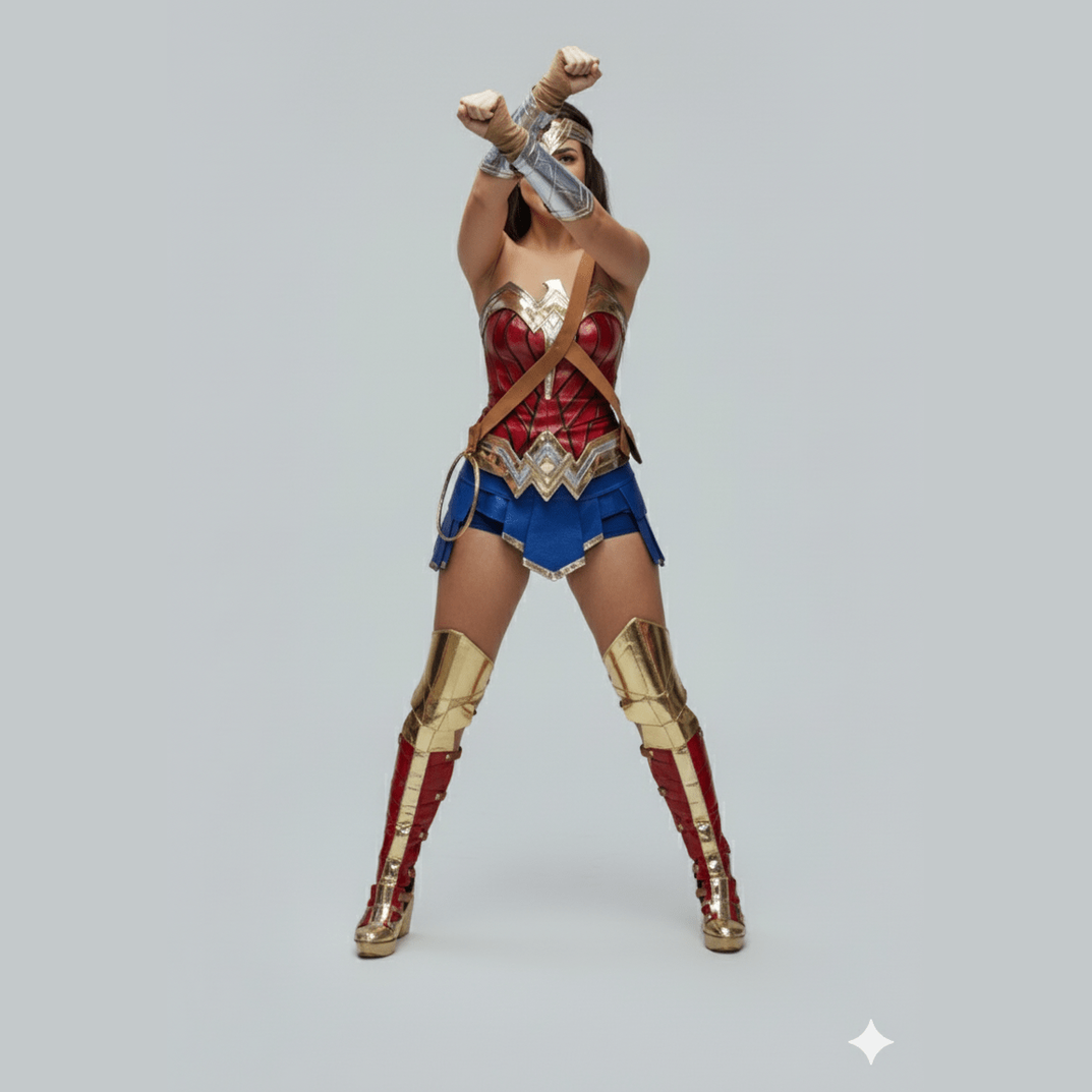 Disfraz Wonder Woman con corsé rojo, falda azul, brazaletes y botas doradas y rojas.