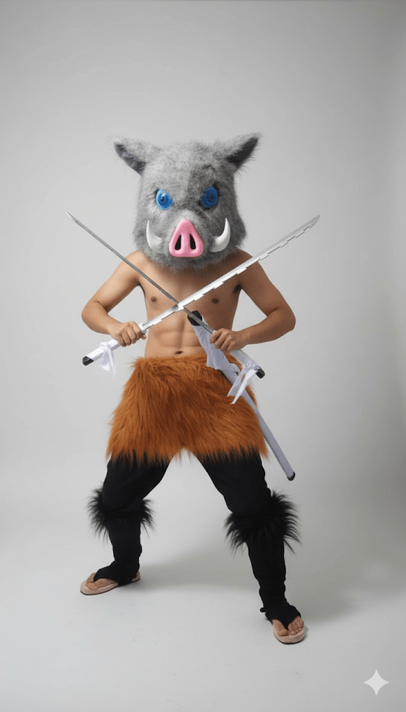 Disfraz adulto Inosuke Hashibira sin camisa con cabeza de jabalí y pantalones peludos marrones y negros.