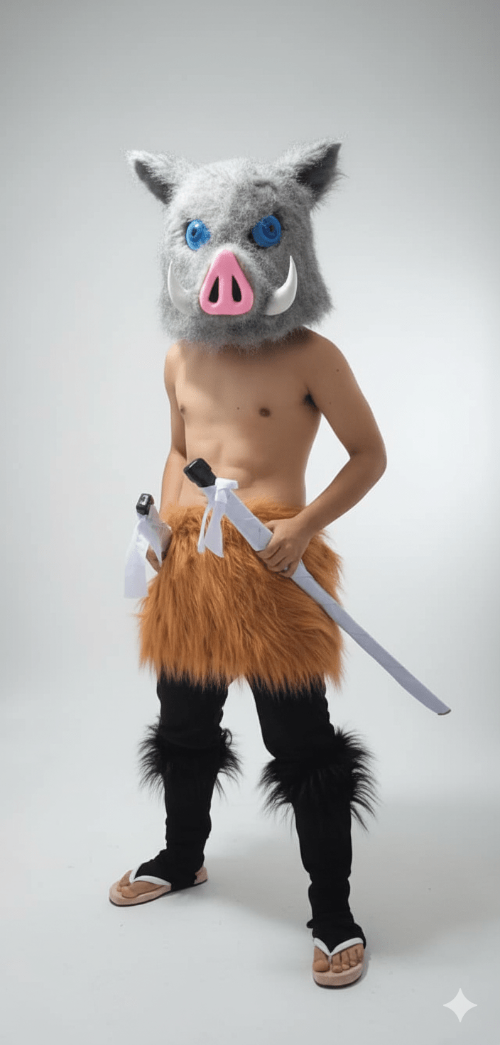 Disfraz adulto Inosuke Hashibira con cabeza de jabalí, falda marrón y piernas negras.