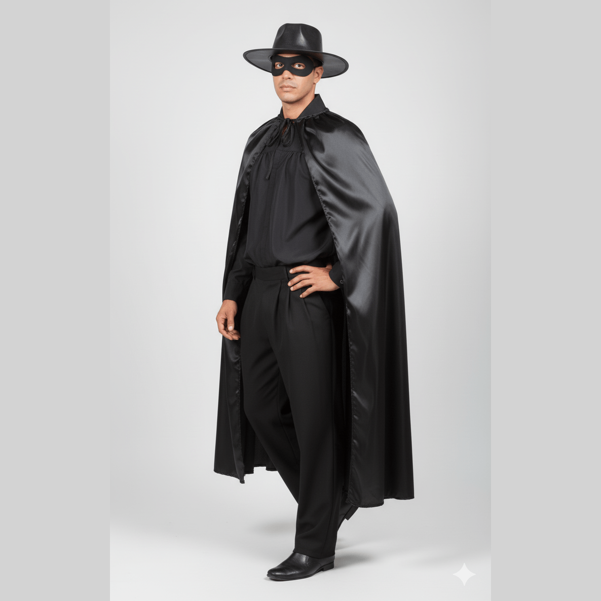 Disfraz negro de caballero enmascarado con capa satinada, sombrero ancho y antifaz.