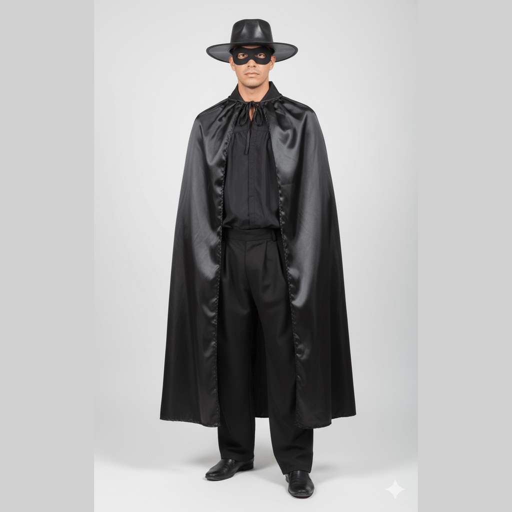 Disfraz adulto El Zorro con capa negra brillante, camisa negra y sombrero de ala ancha.