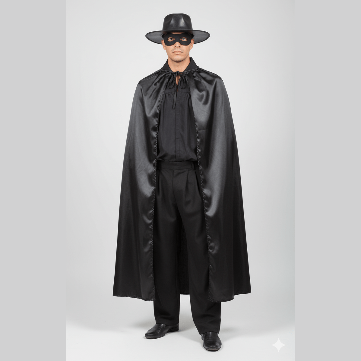 Disfraz adulto El Zorro con capa negra brillante, camisa negra y sombrero de ala ancha.