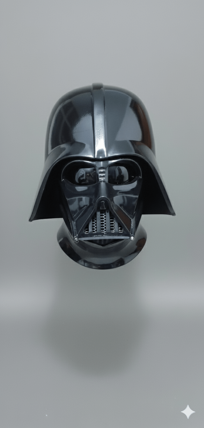 Casco negro brillante de Darth Vader con detalles angulares y máscara respiratoria.