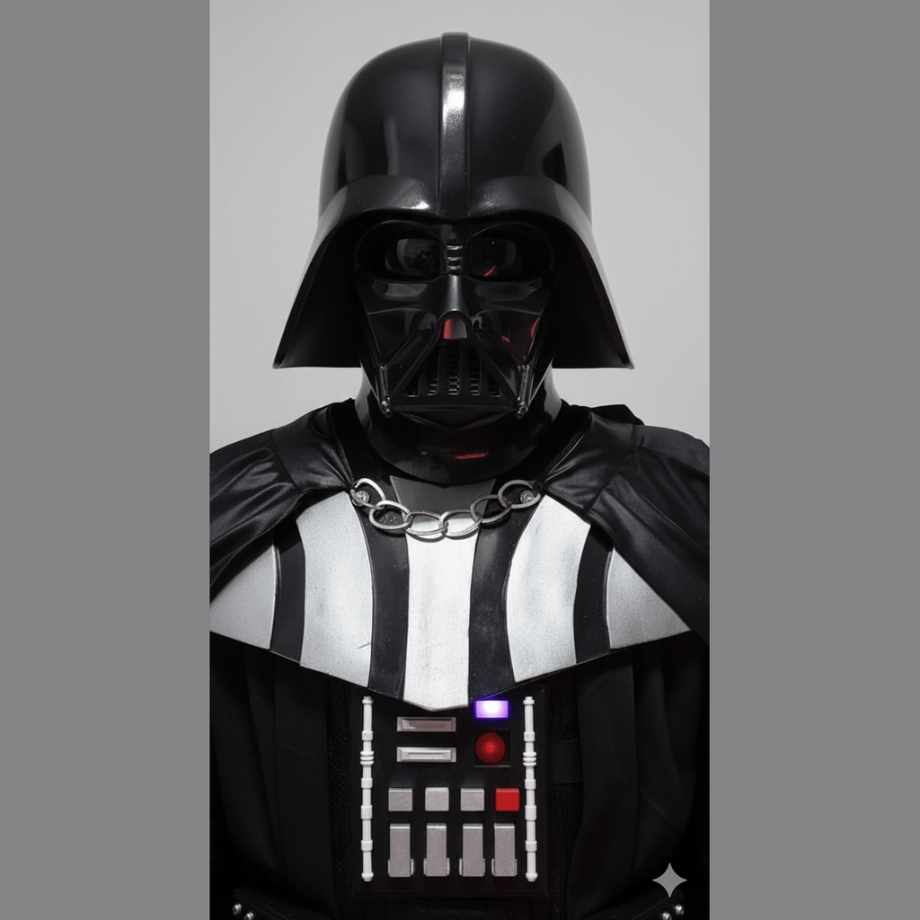 Disfraz oscuro de Darth Vader con casco negro brillante y capa negra premium.