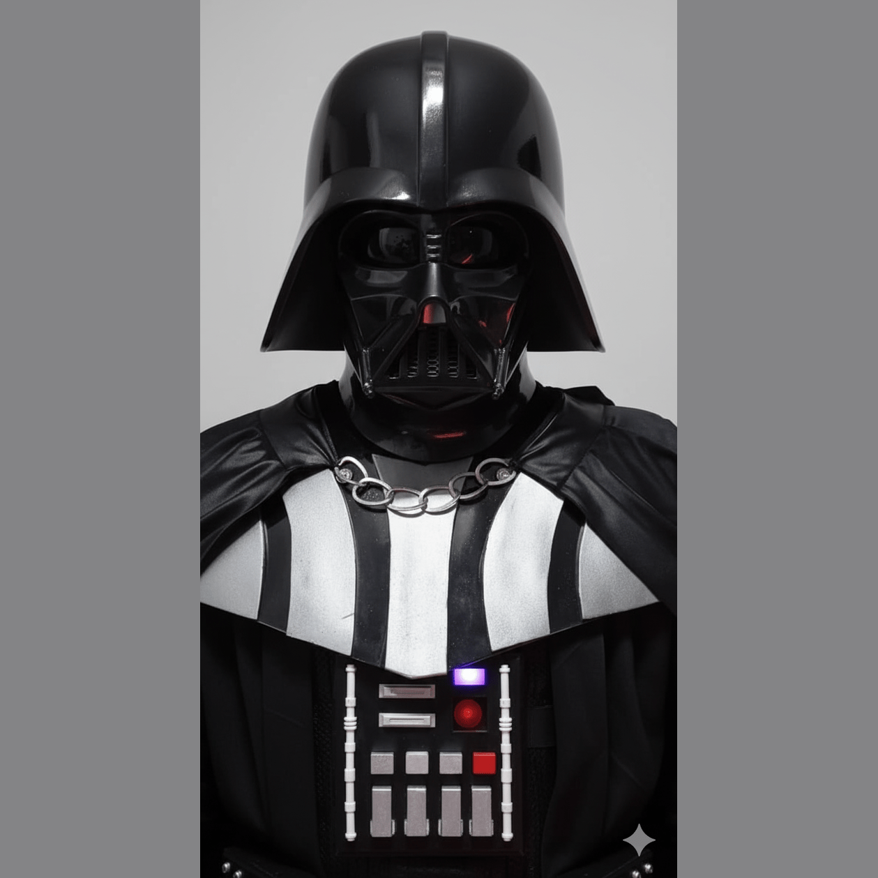 Disfraz oscuro de Darth Vader con casco negro brillante y capa negra premium.