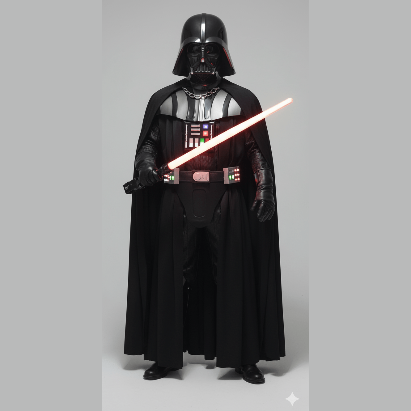 Disfraz adulto Darth Vader con casco, capa negra y sable láser rojo encendido.