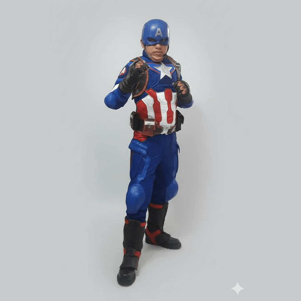 Disfraz azul y rojo de Capitán América con casco y detalles blancos inspirado en Guerra Civil.