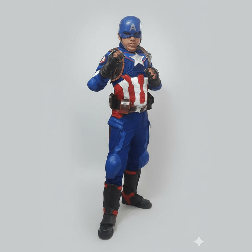 Disfraz azul y rojo de Capitán América con casco y detalles blancos inspirado en Guerra Civil.