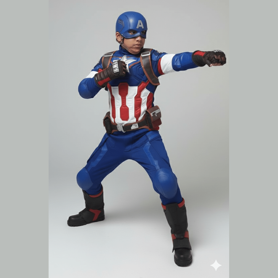 Disfraz adulto Capitán América con casco, traje azul y rojo con detalles blancos y escudo en el brazo.