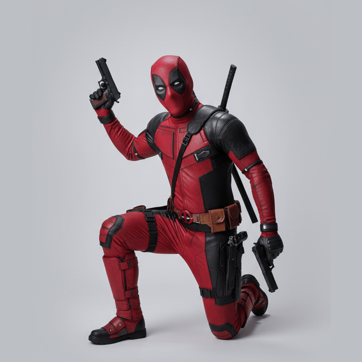 Disfraz adulto de Deadpool rojo y negro con detalles en cuero y armas falsas.