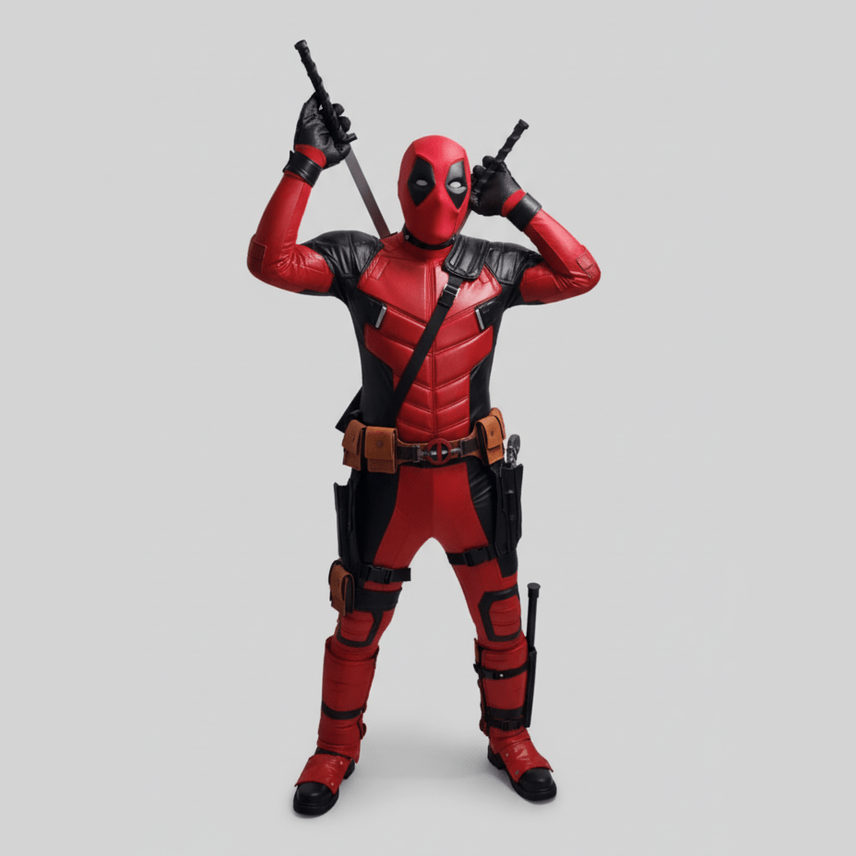 Disfraz adulto Deadpool rojo y negro con accesorios de pistolas y cinturón táctico.