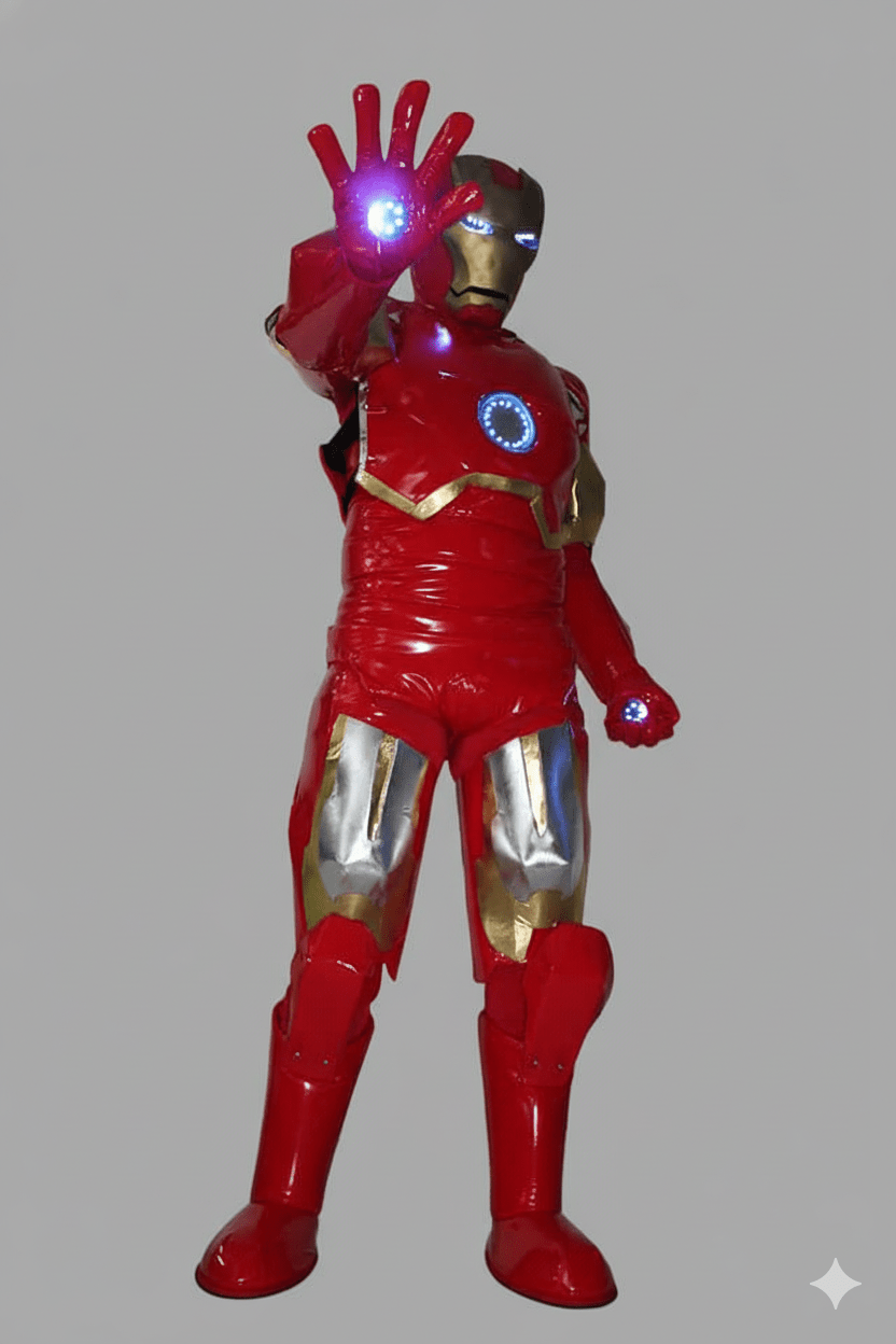 Disfraz rojo y dorado de Iron Man con luces LED en pecho y mano.