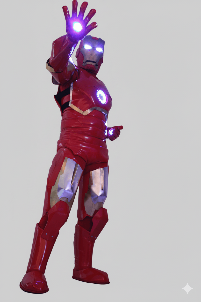 Disfraz rojo de Iron Man con luces LED blancas en manos, pecho y casco.