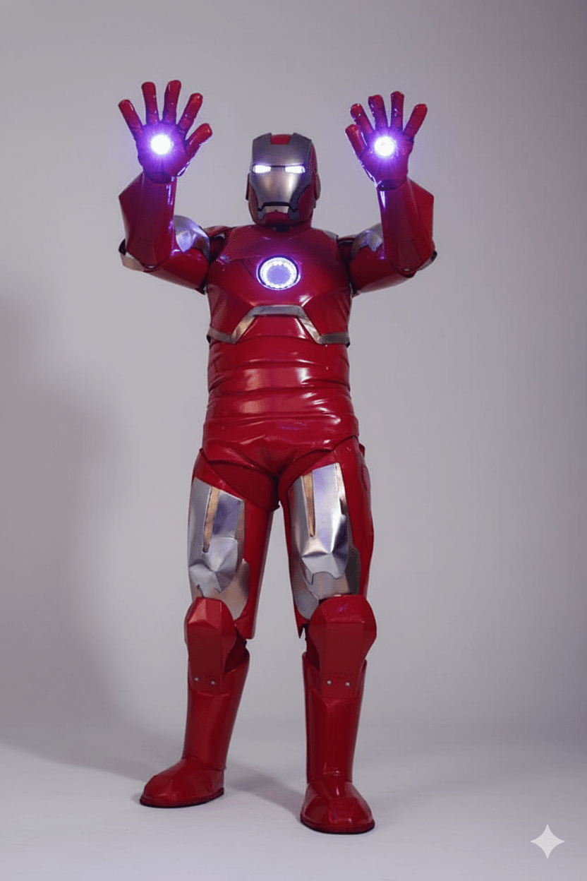 Disfraz rojo de Iron Man con detalles plateados y luz LED en manos y pecho.