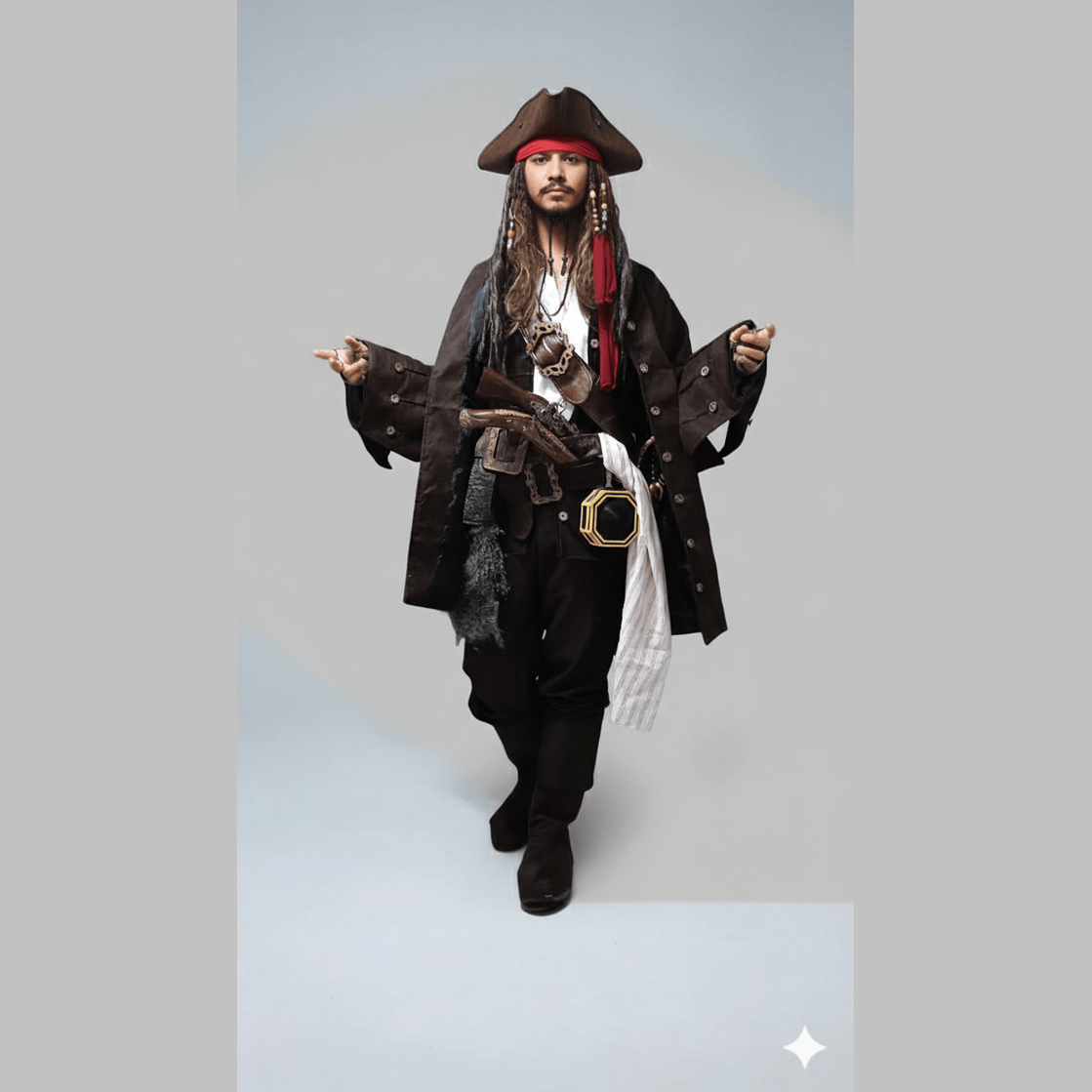 Disfraz adulto de pirata con chaqueta negra, pantalón oscuro, pañuelo blanco y sombrero tricornio marrón.