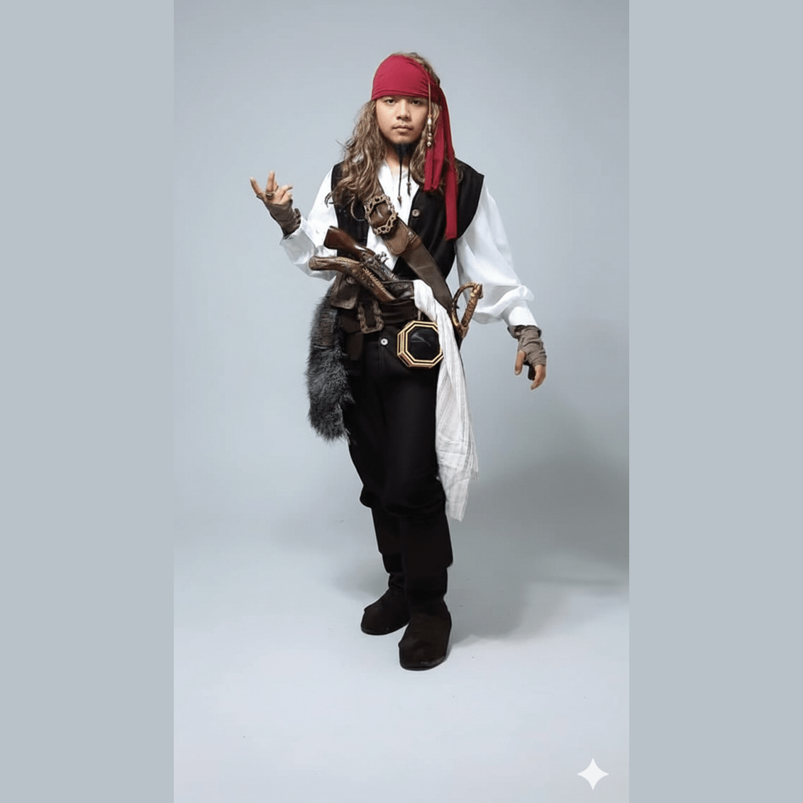 Disfraz adulto pirata con pañuelo rojo, chaleco negro, cinturón con accesorios y pantalones negros.