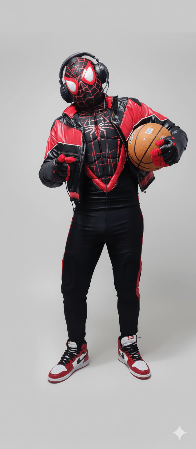 Disfraz negro y rojo de Spider-Man Miles Morales con detalles en rojo y máscara completa, sujetando balón de baloncesto.