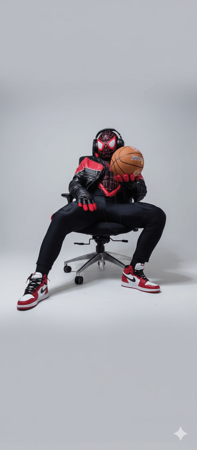 Disfraz negro y rojo de Spider-Man Miles Morales con detalles de araña y zapatos deportivos rojos y blancos.