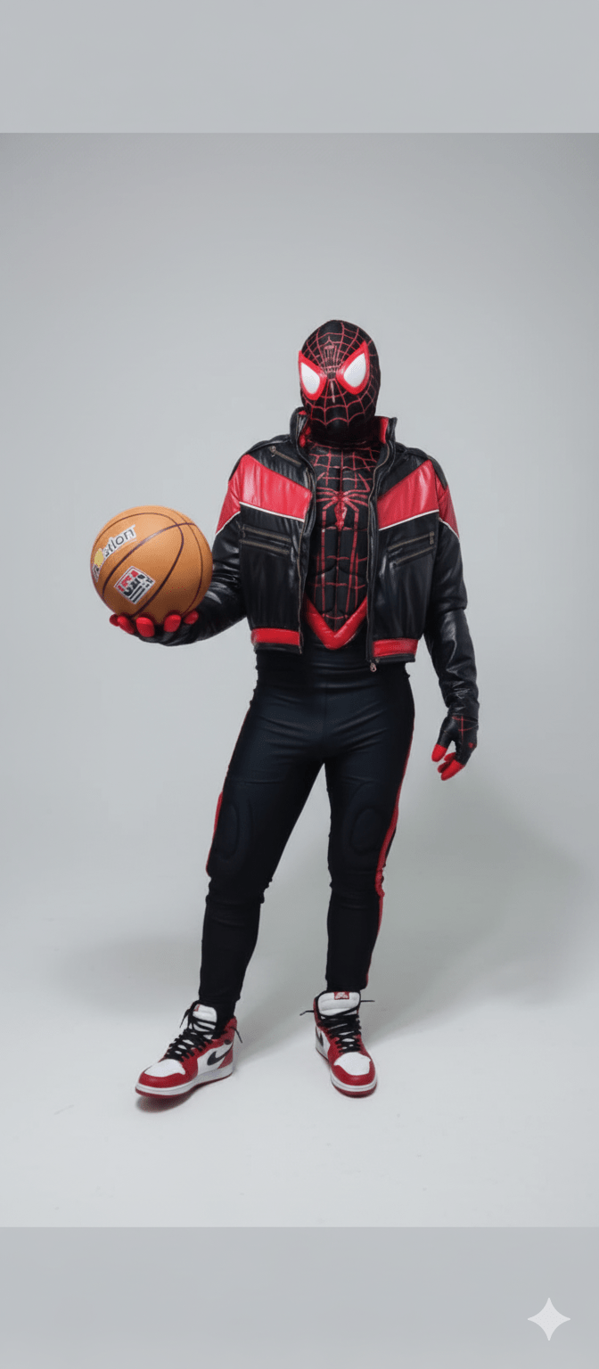 Disfraz adulto Spider-Man Miles Morales negro y rojo con detalles de telaraña y máscara completa.