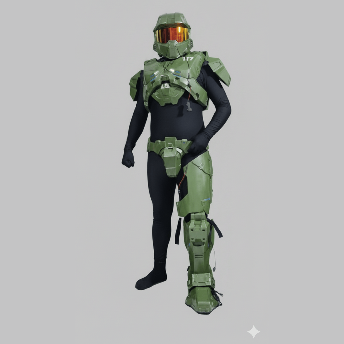 Armadura verde de Jefe Maestro con visor dorado, traje completo y detalles realistas para cosplay adulto.