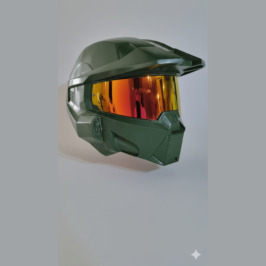Casco verde oliva de Master Chief con visor reflectante naranja para cosplay adulto.