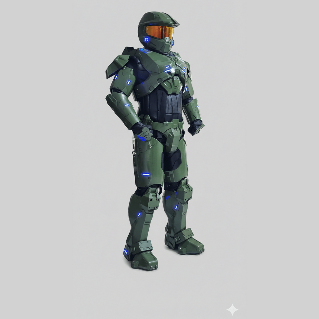 Armadura de Jefe Maestro completa en verde oscuro con visor naranja reflectante, diseño detallado para cosplay adulto.